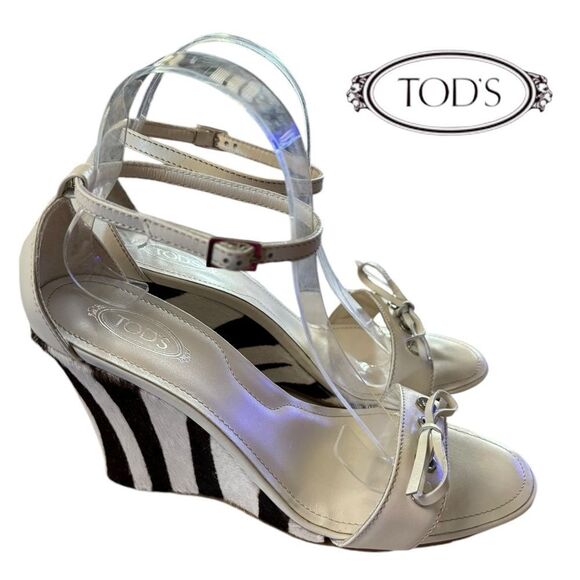 NEW Tod's Ivory Off White Leather Zebra Covered Heels Wedges with Box 39  9 - Picture 2 of 6